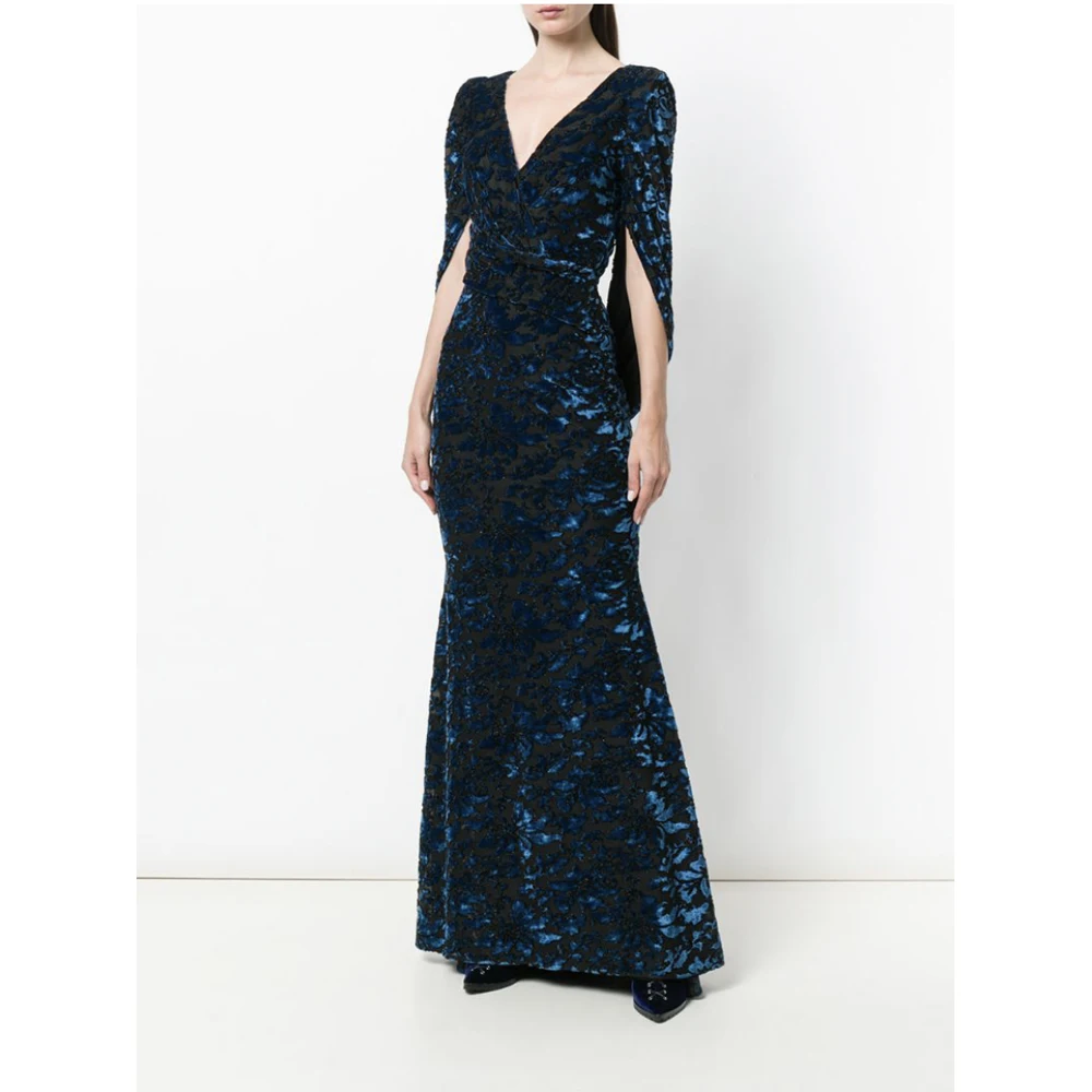 3/4 Navy blue fashion korean velvet ladies maxi long party dresses