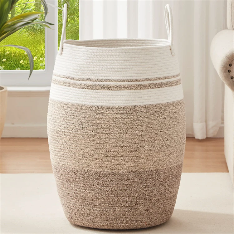 Large Capacity Foldable Laundry Hamper Woven Cotton Rope Storage Bin with Extended Handles Durable Fabric Material