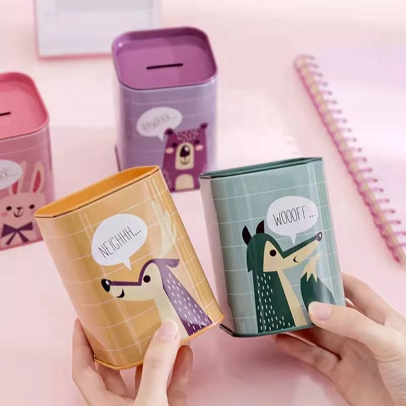 Wholesale school mini square cartoon cute animal metal money bank for kids