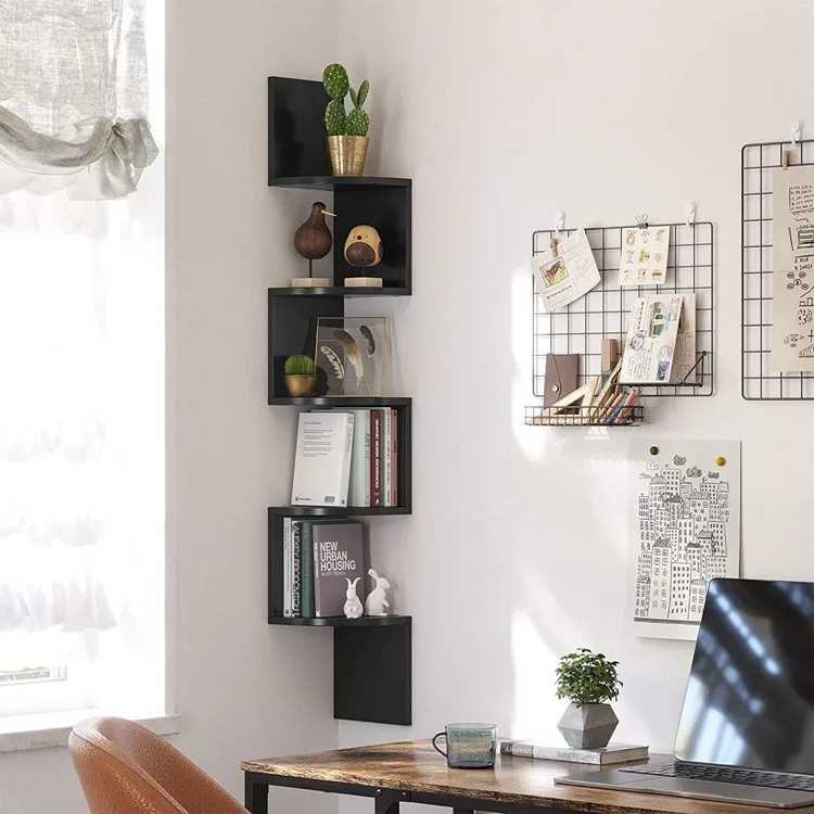 VASAGLE Zigzag Design Kitchen Bedroom Living Room 5 Tier Black Wall-Mounted Wooden Display Corner Shelf