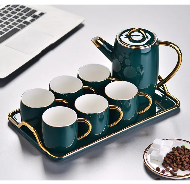 European Household Modern Design Glazed Green Ceramic 6pcs Cups and Teapot Set with Tray