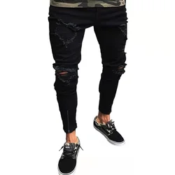 China Factory Custom Wholesale Popular Stretch Zippered Tapered Leg Slim Fit Ripped Black Jeans Men
