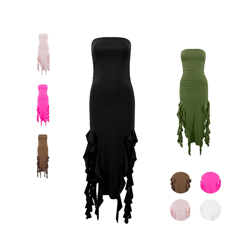 Multi-colored Strapless Bodice Sheath Backless Pleated Solid Color Sexy Strapless Dress for Women