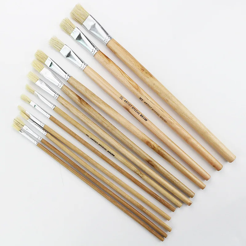 High Quality 12 Pieces Bristle Oil Painting Brush Set Wooden Watercolor Gouache Art Paint Brushes