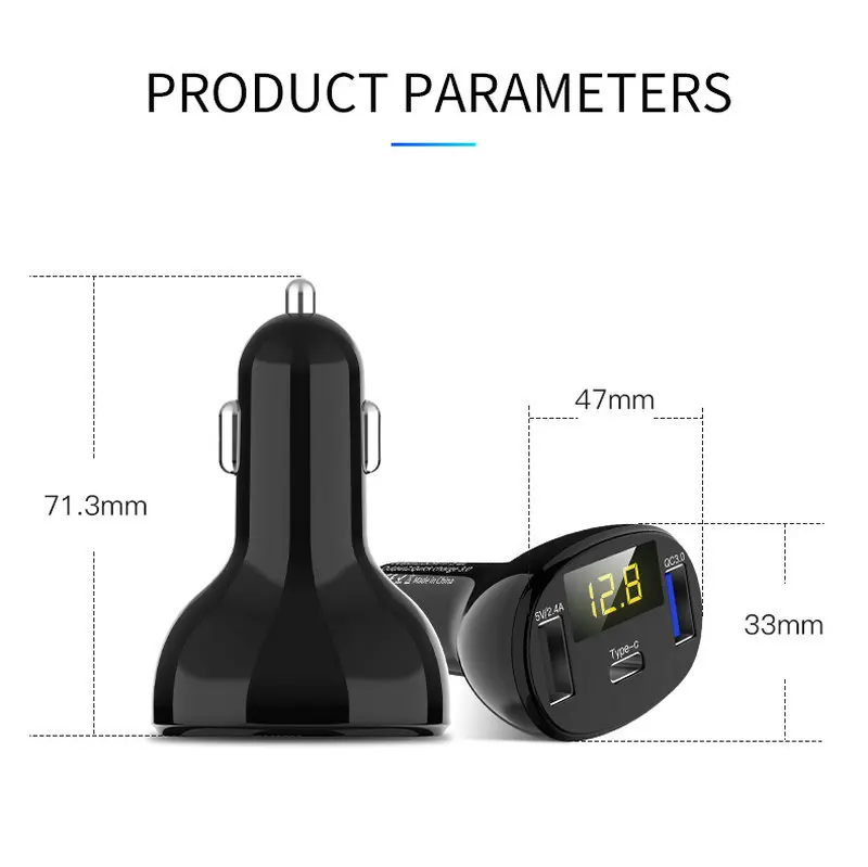 New Model Cigarette Lighter Wireless Type-C Car Charger QC3.0 3 USB Ports Fast Car Battery Charger With LED Digital Display