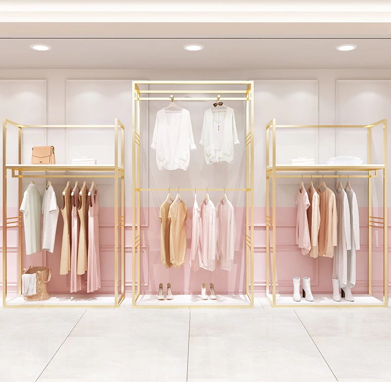 
Custom Clothing Store Wall Mount Garment Clothes Stand Metal Cloth Display Stainless Steel Shiny Gold Clothing Rack for Shop 
