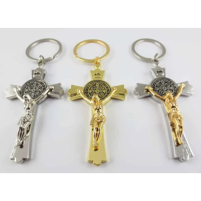 Church Catholic Christian Religion metal mini cross keychain Saint Benedict Retro Cross Key rings Jerusalem Charm Baptism Gift