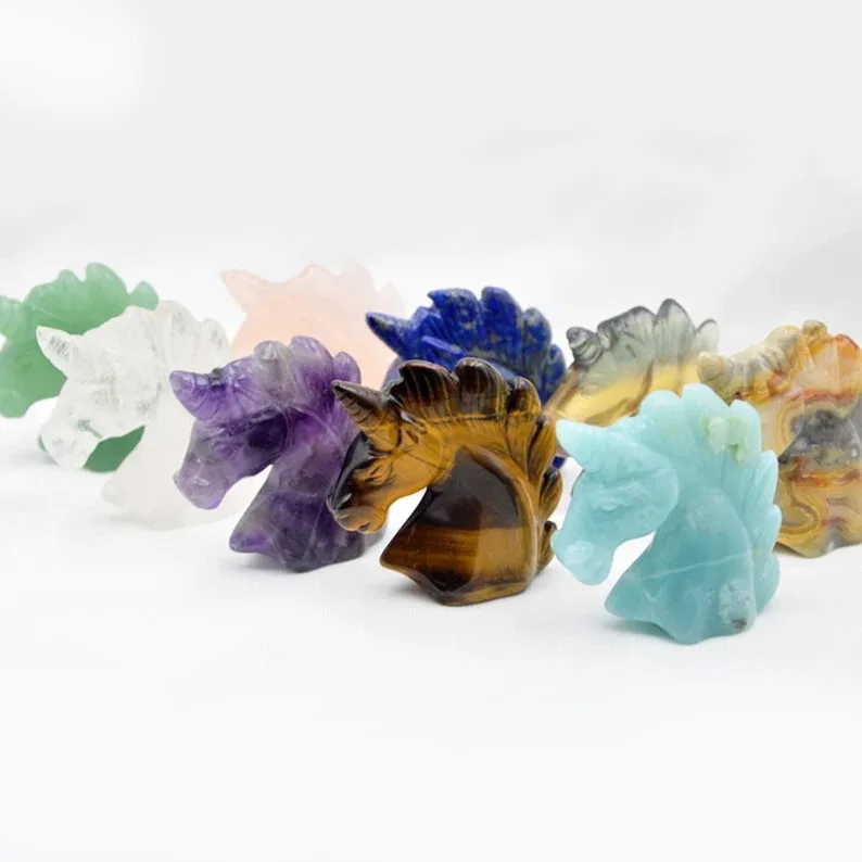 Natural Crystal Unicorn Statue Tiger Eye Crazy Agate quartz crystal hand carving unicorn figurine for sale
