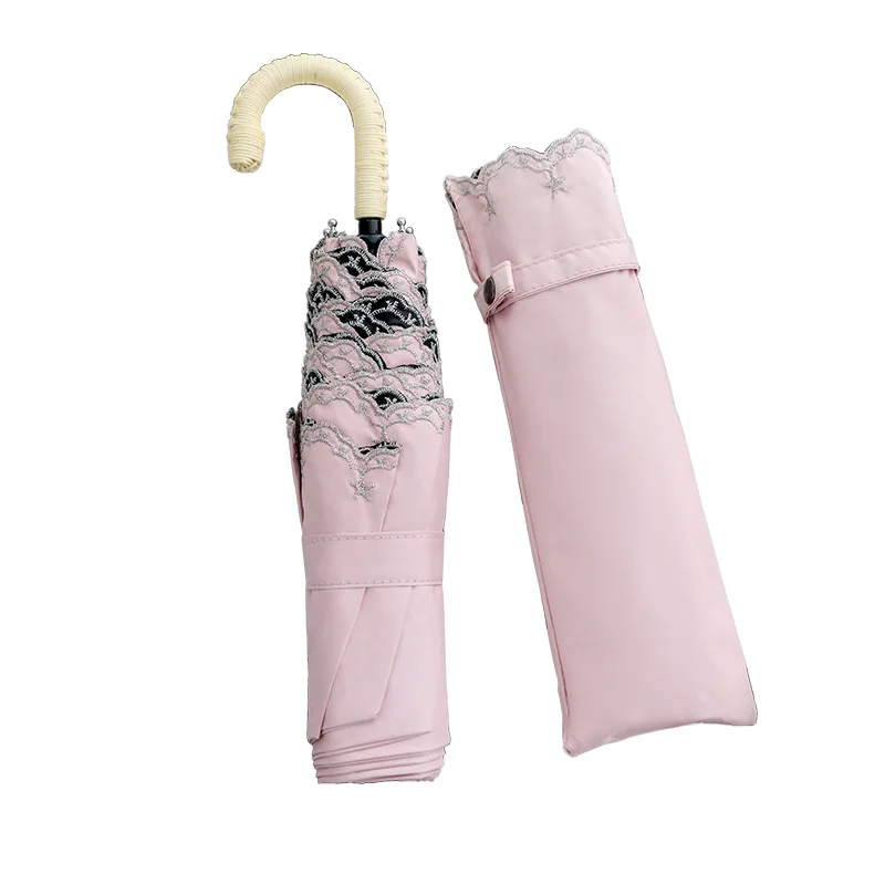 Super Lightweight Vintage Lace Flower Embroidery Folding UV Coated Umbrella with Custom Logo Curved Handle Three Foldable Colors