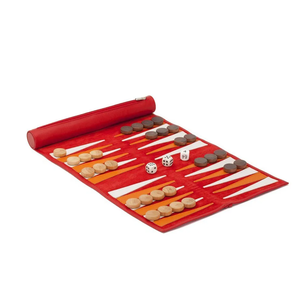 Portable red PU leather roll up travel dice custom backgammon set