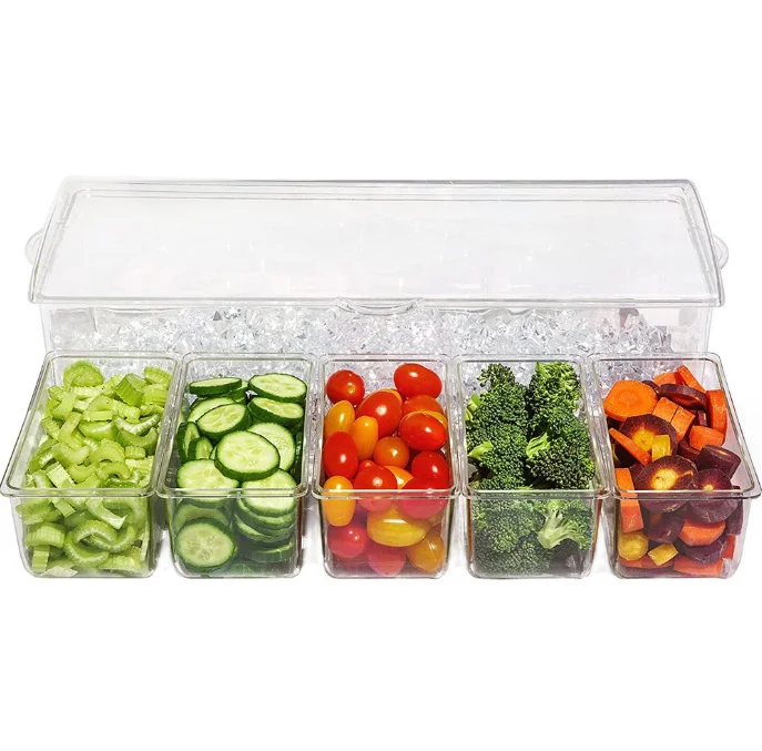 Plastic Chilled Caddy with 5 Removable Compartments Chilled Serving Tray Container with Hinged Lid