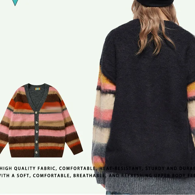 New Arrival 2024 Autumn Winter Stripe Colorful Women Cardigan Sweater Fashion Streetwear Knitted Loose Sweater