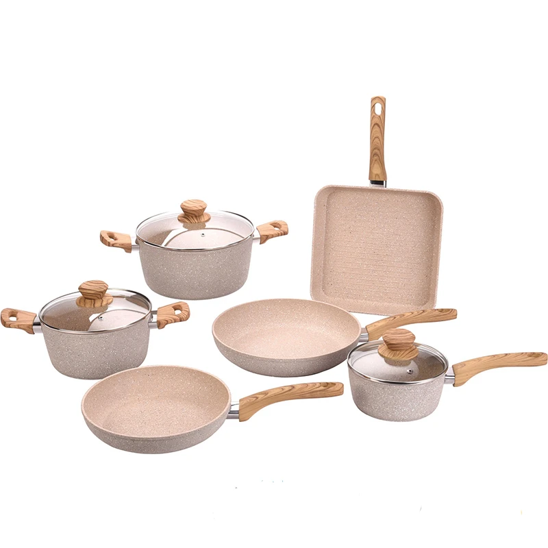 Non Stick Masterclass Premium Cookware Set Nonstick Marble Pink Cookware Set With Wooden Handle