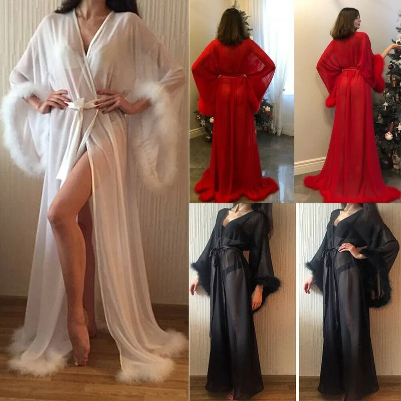 Women Sexy Big Robes  Feather Sexy Party Nightdress Hot sexy Transparent long fur lingerie fluffy sexy robes for ladies