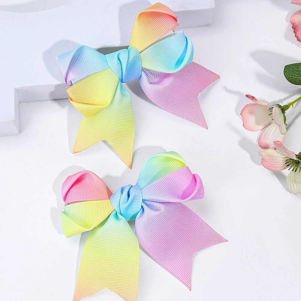 CN 2Pcs Boutique Grosgrain Ribbon Hair Bow Clip Layer Flower Hair Pins Gradient Rainbow Hair Clip Girls