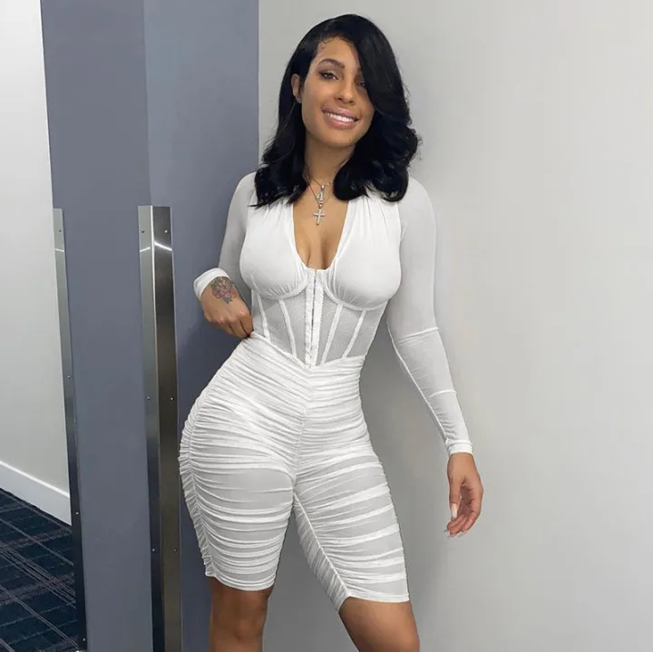 New Solid Color Hollow Long Sleeve Sexy Ruched Shorts Bodysuits Mesh Jumpsuit for Women