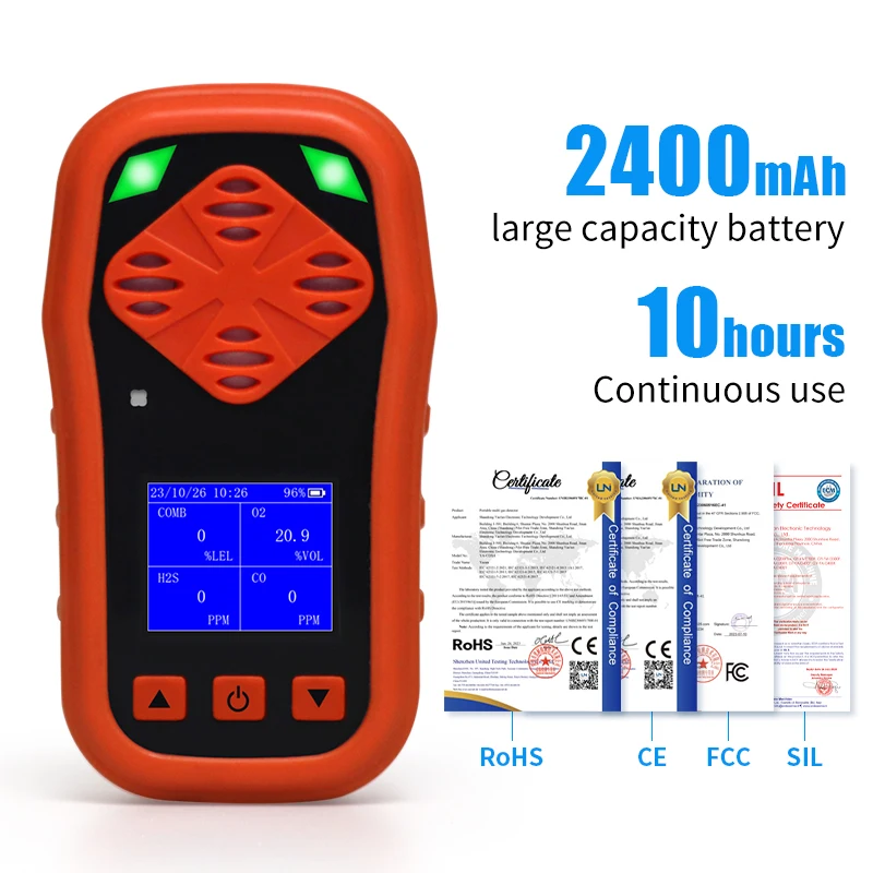4-in-1 Gas Leak Detector (H2S EX O2 CO) Rugged Rechargeable Monitor for Home Workplace Safety Precise Detection Instant Alerts