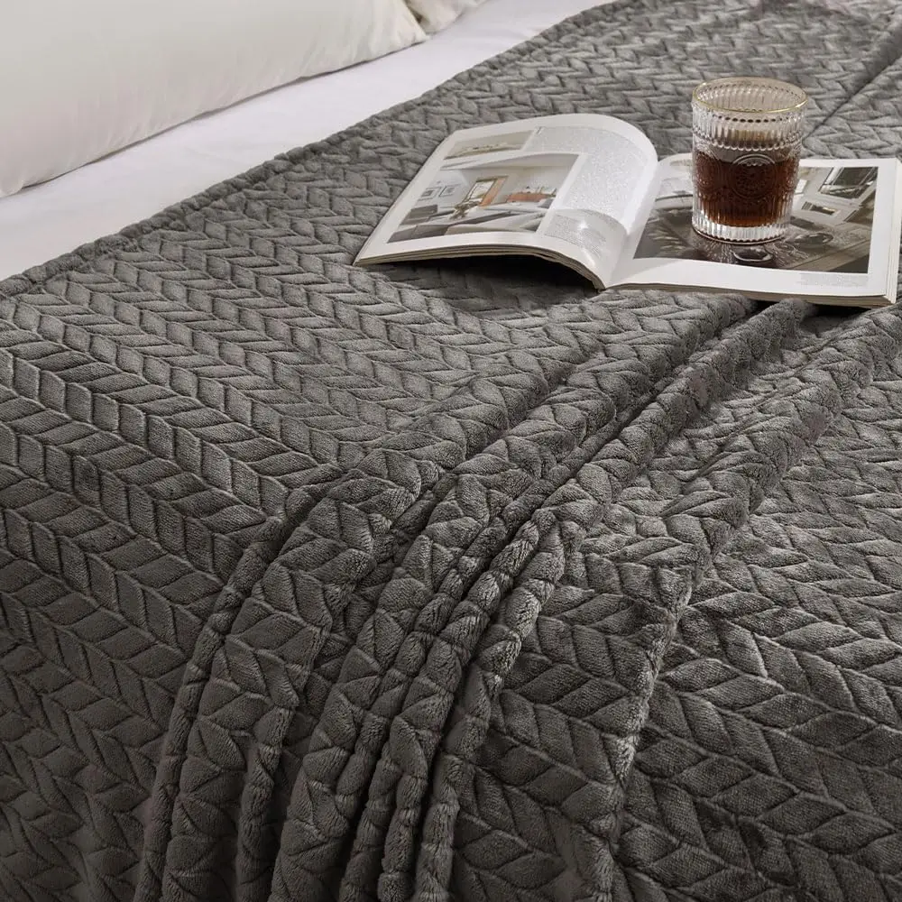 Flannel Fleece Luxury Throw Jacquard Weave Blanket, Charcoal Grey Travel/Throw Size Leaf Pattern Cozy Couch/Bed Super Soft
