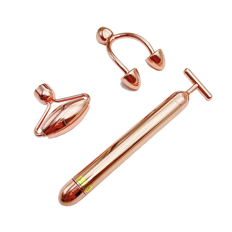 Private Label Electric Acupuncture Points Massage Therapy Replaceable Head T Shape Metal 3 In 1 Vibrating Beauty Bar