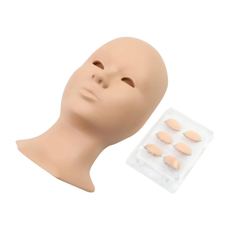 Lash Mannequin Head with 4 Pairs Replaced Eyelids Practice Makeup Soft-Touch Rubber Natural Skin Color