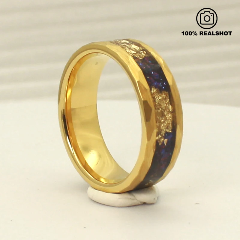 Unisex 8mm Tungsten Hammer Faceted Ring 18K Gold Plated Purple Foil Classic Elegant Design Engagement Anniversary Party Gift