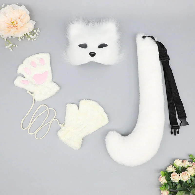 new plush fur fox mask animal paw gloves and Anime cosplay tail sets