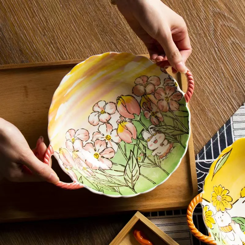 ins flutter butterfly pink rabbit double ear bead soup bowl household fruit and vegetable salad bowl