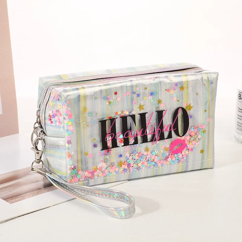 Luxury Elegant PVC Makeup Bag Holographic Laser Plastic Ziplock Pouch Bag Cosmetic Waterproof Travel Toiletry Cosmetic Bag
