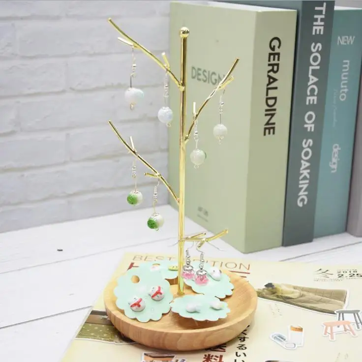 Jewelry Tree Stand Organizer Metal Display with Wooden Plate Base for Necklaces Bracelet Earrings Rings Jewelry Display Stand