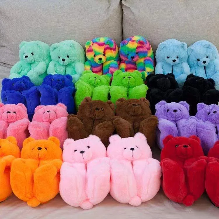 Wholesale fur slides adult teddy bear slippers and duffle bag one size fits all teddy bear slippers girls