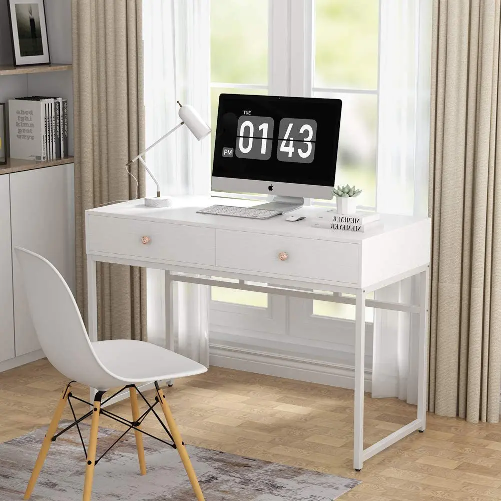 Home Office Wood Corner Metal Desktop Computer Desk with Two Drawers