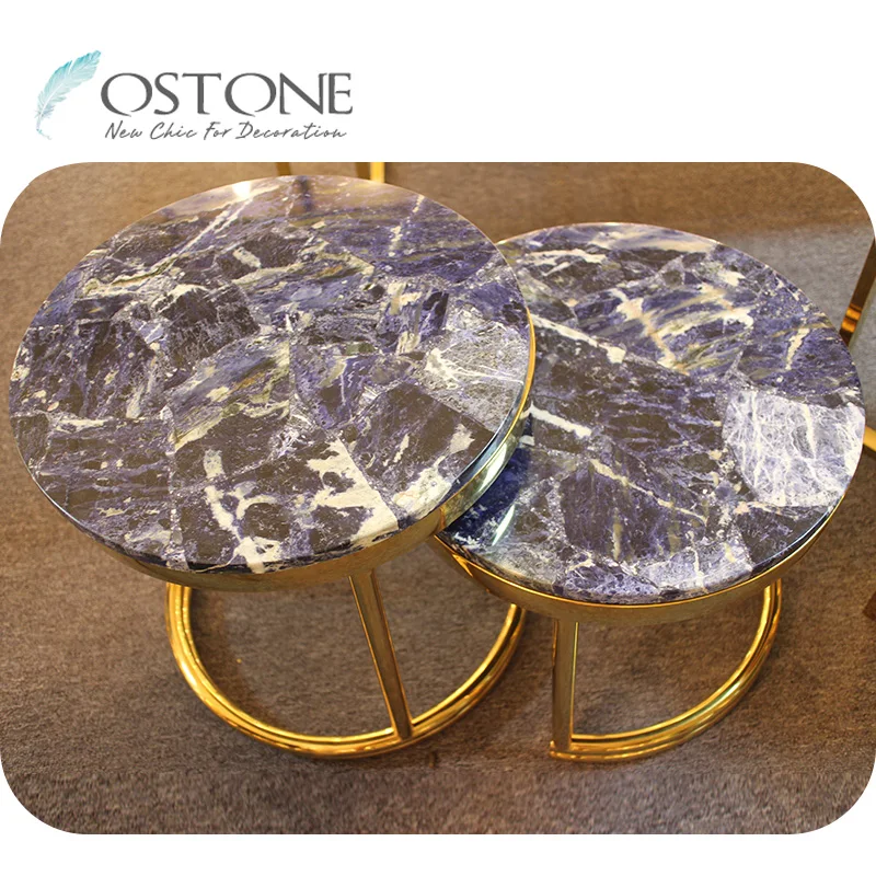 Delicate Living Room Furniture Round Green Pink Semiprecious Stone Nesting Coffee Table