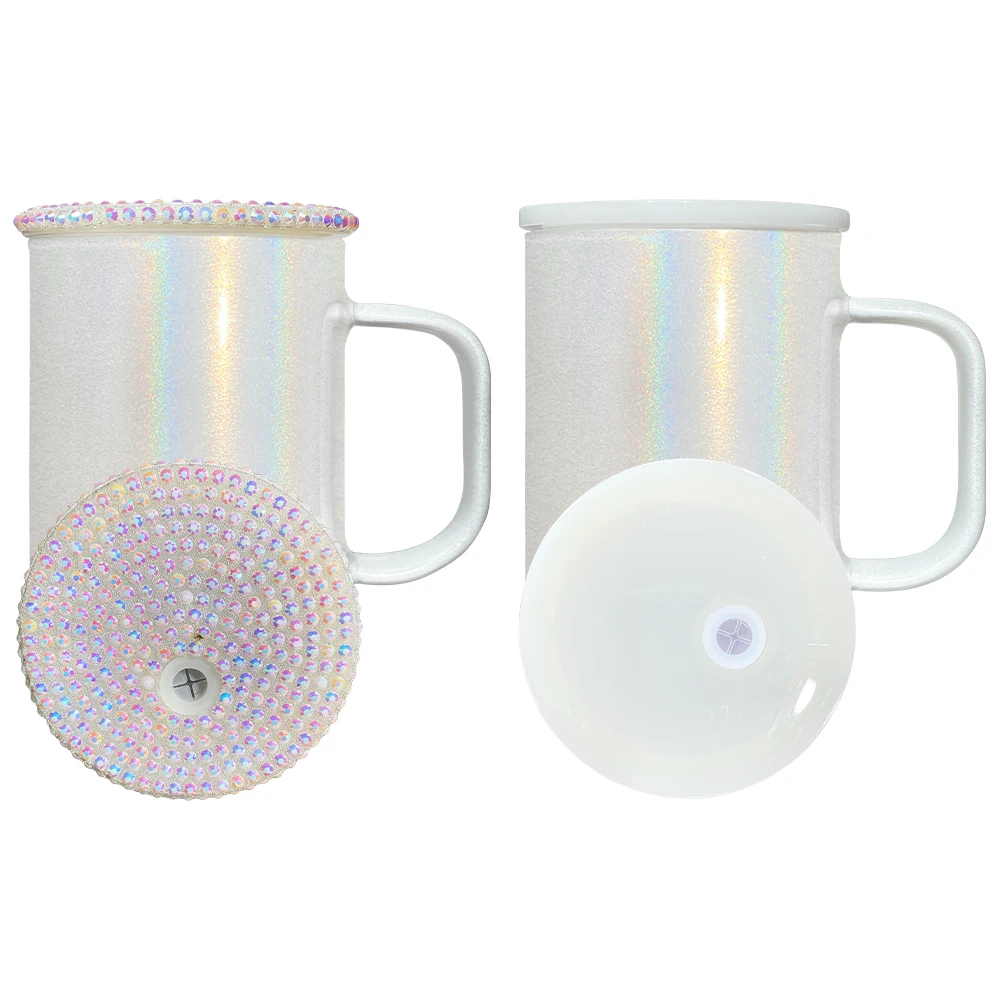 USA warehouse 17oz holographic shimmer glass mug with studded lid High Borosilicate sublimation glass mug with pp lid