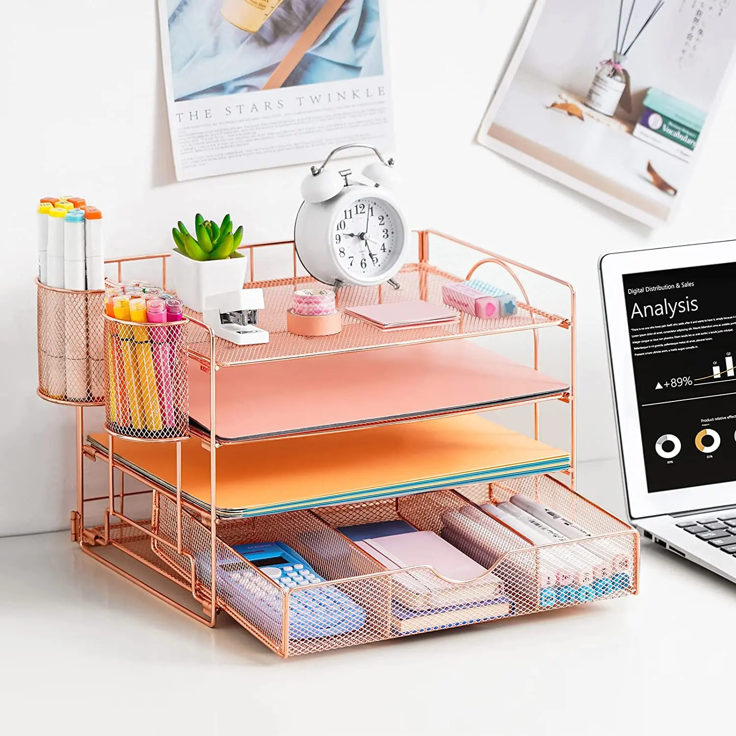 Rose Gold Desk Organizers with Drawer, 4-Trays Desktop File Organizer with Pen Holder  Paper Organizers and Storage for Desk