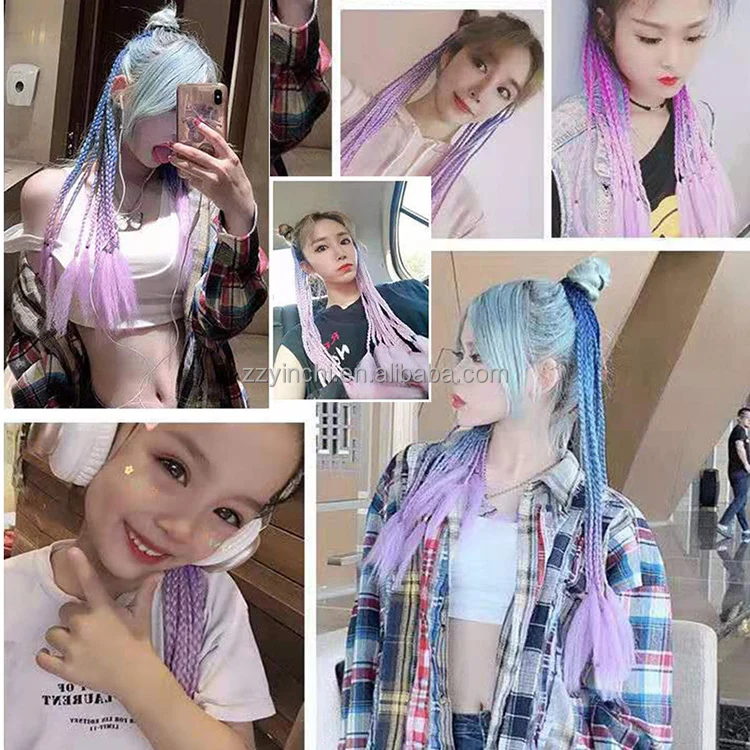 Ponytail Hair Holder Rubber Band Ring Wig 24 Inch Synthetic rainbow Braided for Kid Extensions
