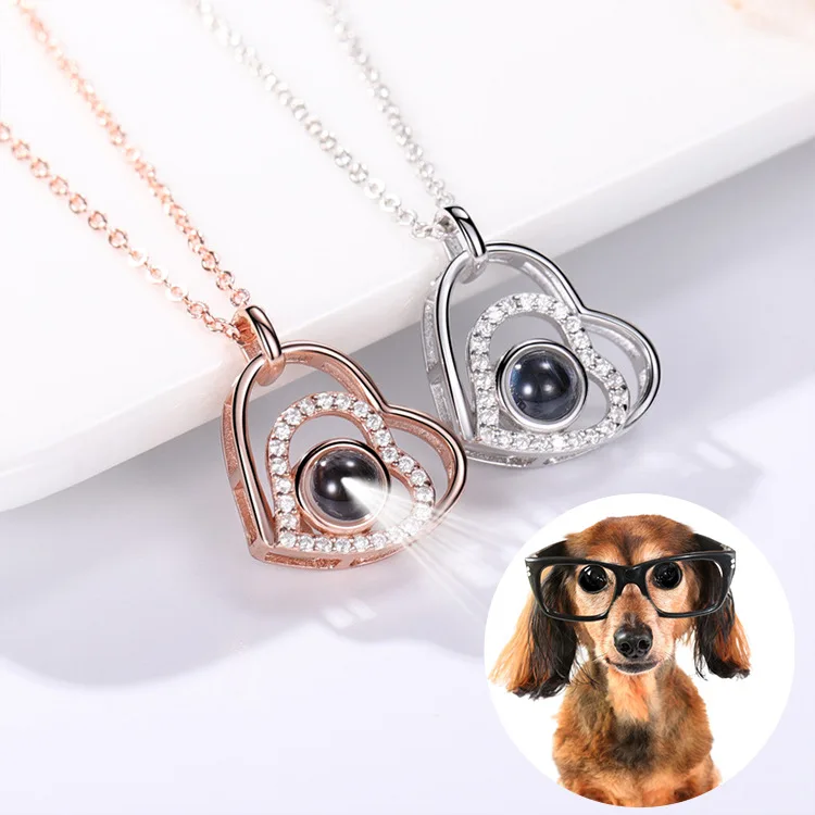 925 Silver necklace with zircone 100 Languages Necklace birthstone Women Pendant Collarbone heart photo projection necklace