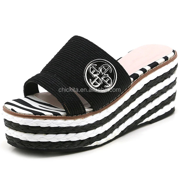 Lady two band Rope braided vamp upper  with trendy rround buckle  on braid woven Espadrille woman square toes wedge lady sandal