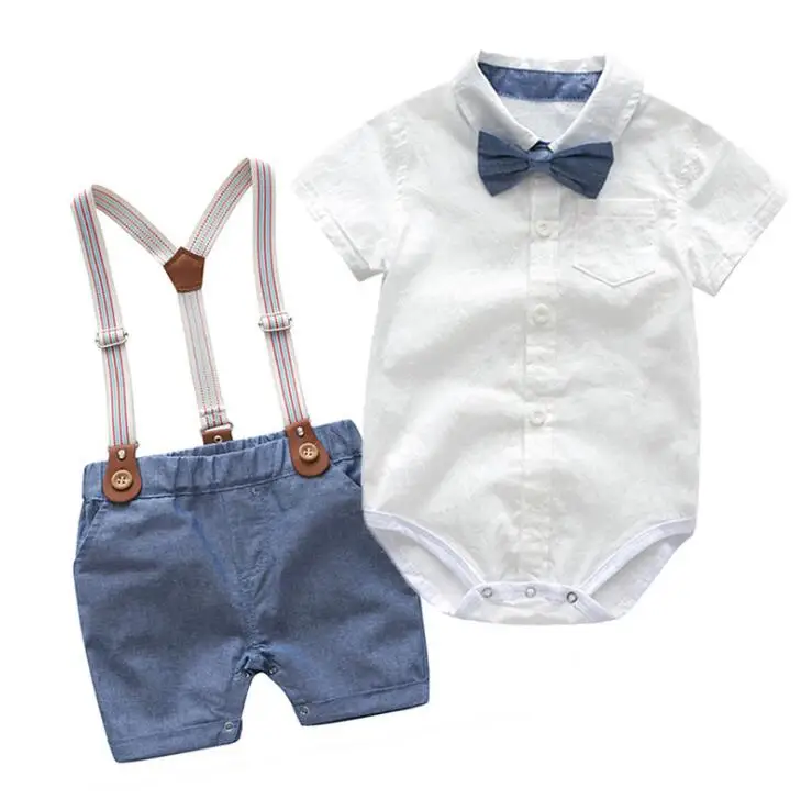 New Arrived British Style Cotton Children Clothes Summer Baby Boy Clothes Short Sleeve Romper Shirt Suspender Shorts Suit Sets