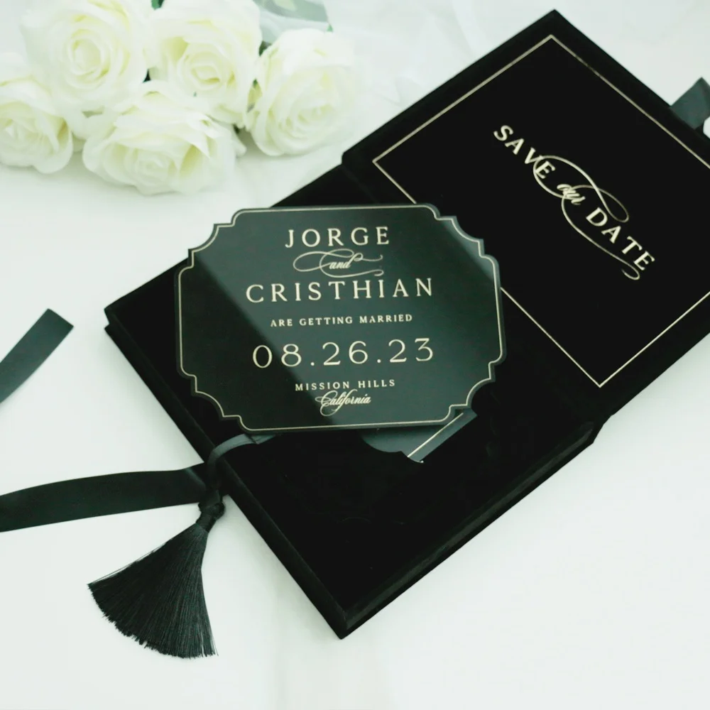 New Arrival Silk Tassel Cream Velvet Wedding Invitation Box Custom Wedding Logo Thick Acrylic Wedding Cards Invitation