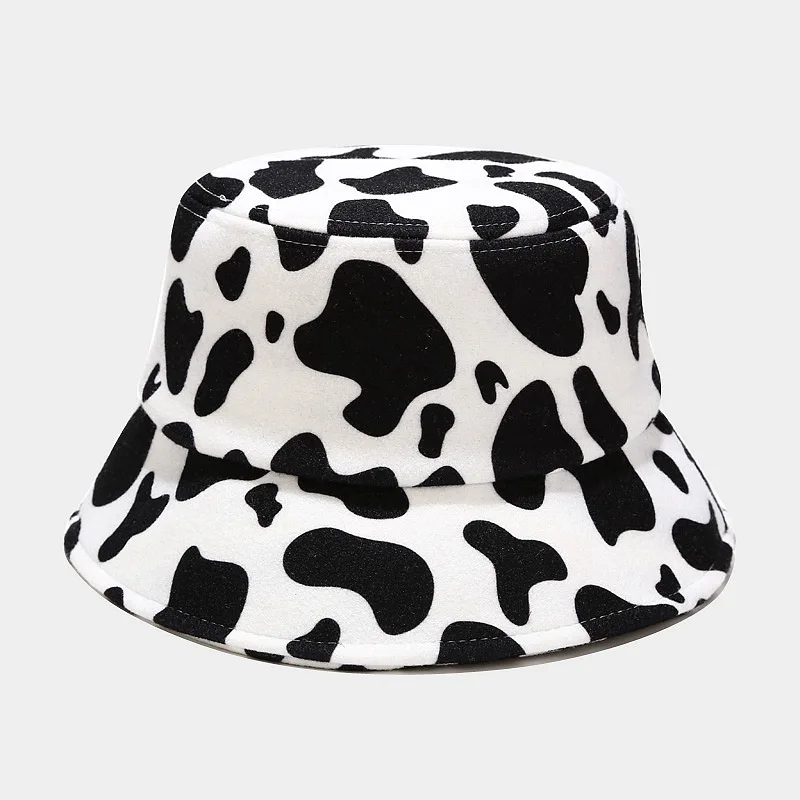 Wholesale autumn winter new felt fisherman hat fashion cow pattern animal print bucket hat warm winter bucket hats