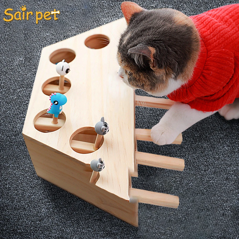 
Interactive Cat Hunt Mouse Toys for Indoor Cats, Creative Wooden Solid Whack a Mole Game Funny Kitten Puzzle Pets Toy, 3/5 Holes 