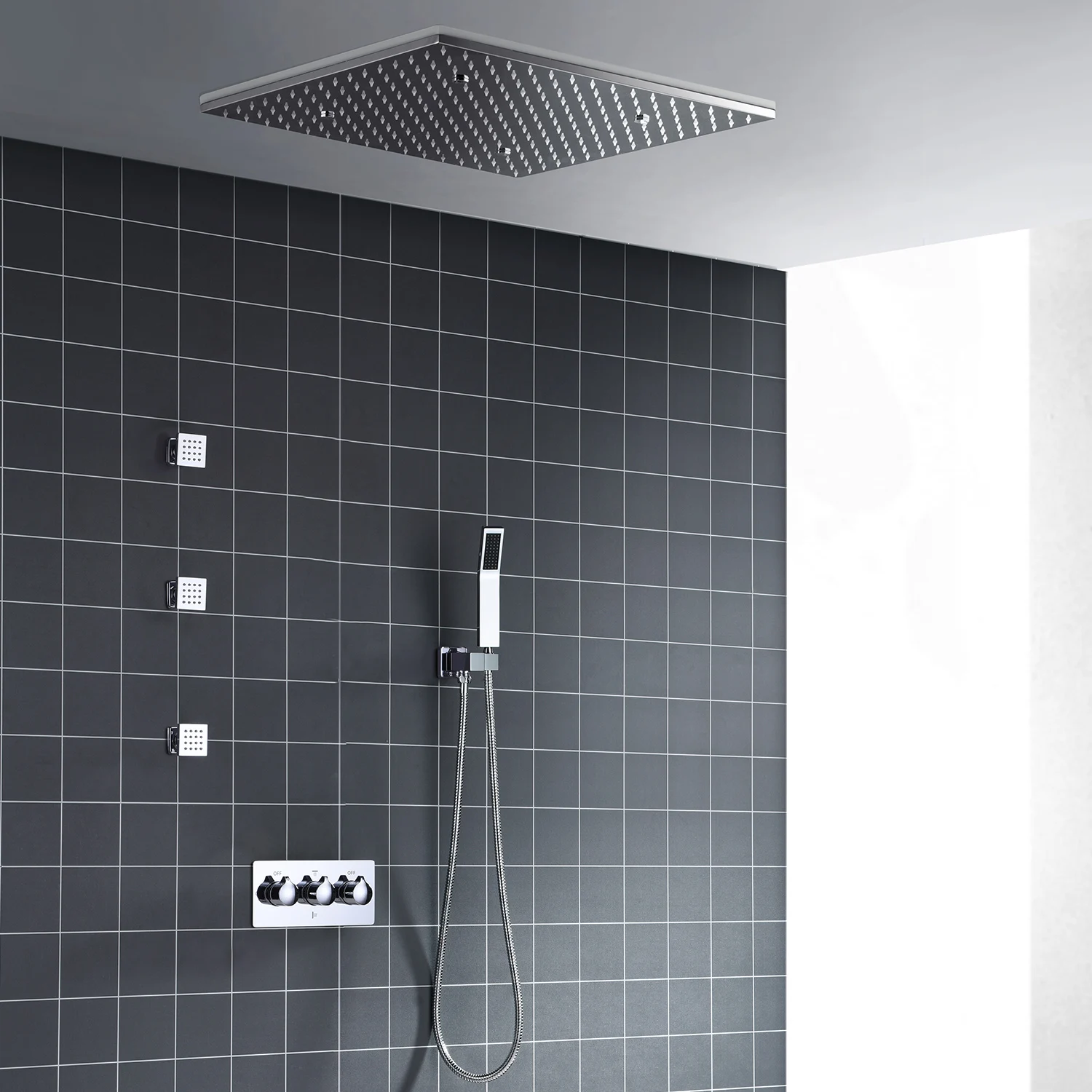 High Quality shower head set thermostatic 3 handle led ceiling rain shower set with shower body jet