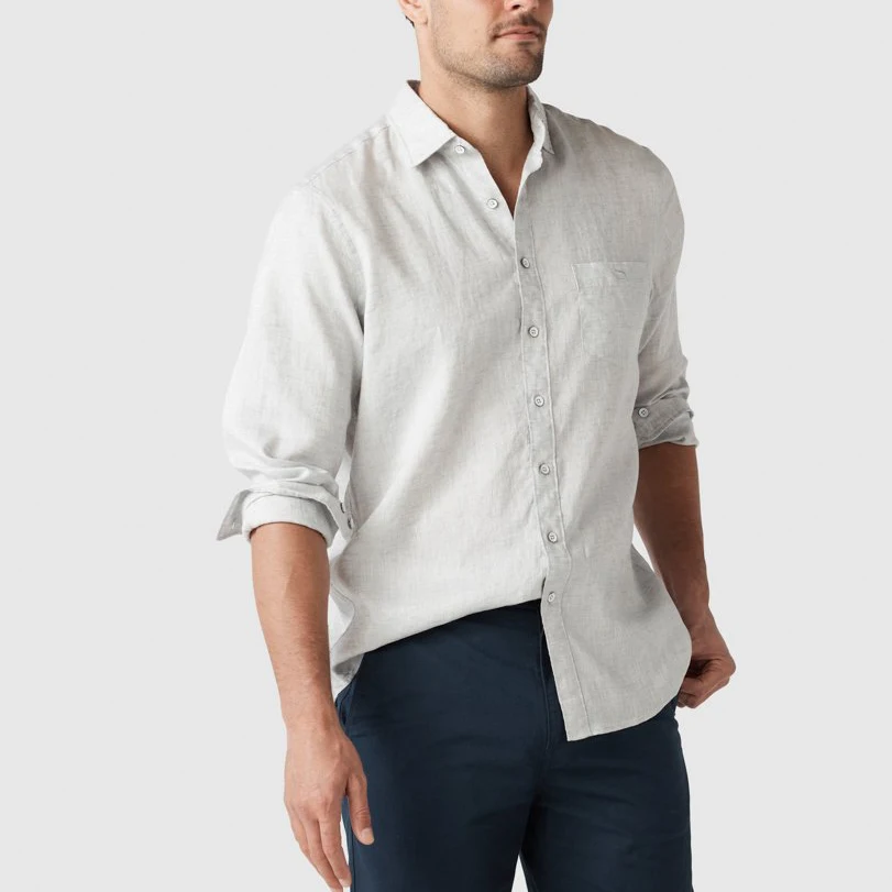 Custom Embroidery Logo 100% Linen Long Sleeves T Shirt Shirts Stylish Casual Blank Streetwear Golf Cotton Linen Shirts For Men