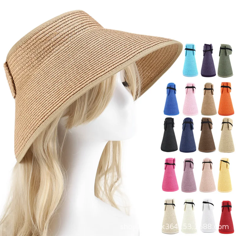Sun Visor Hats for Women Wide Brim Straw Roll-Up Ponytail Summer Beach Hat UV UPF Packable Foldable Travel