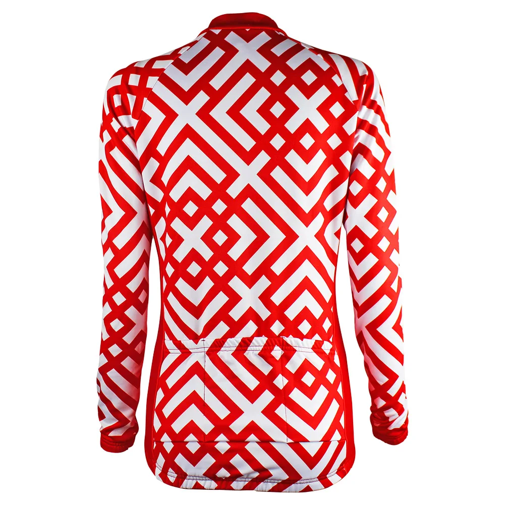HIRBGOD Womens Long Sleeve Cycling Jersey Red Square White Theme Cyclist Winter Clothes Rib Ride Jersey