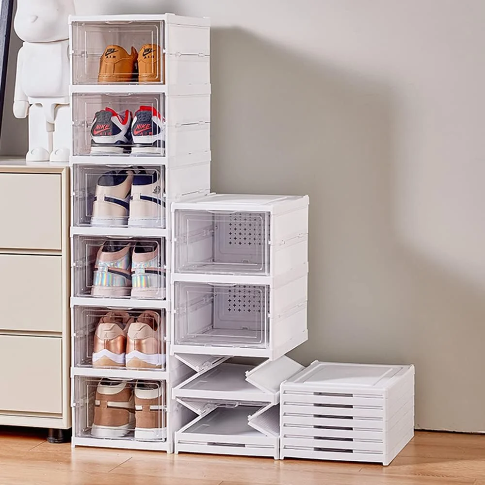Rmier Foldable Storage Box Easy Assembly Clear Plastic Stackable Shoe Storage Cabinet with Lids Large Size Shoe Rack