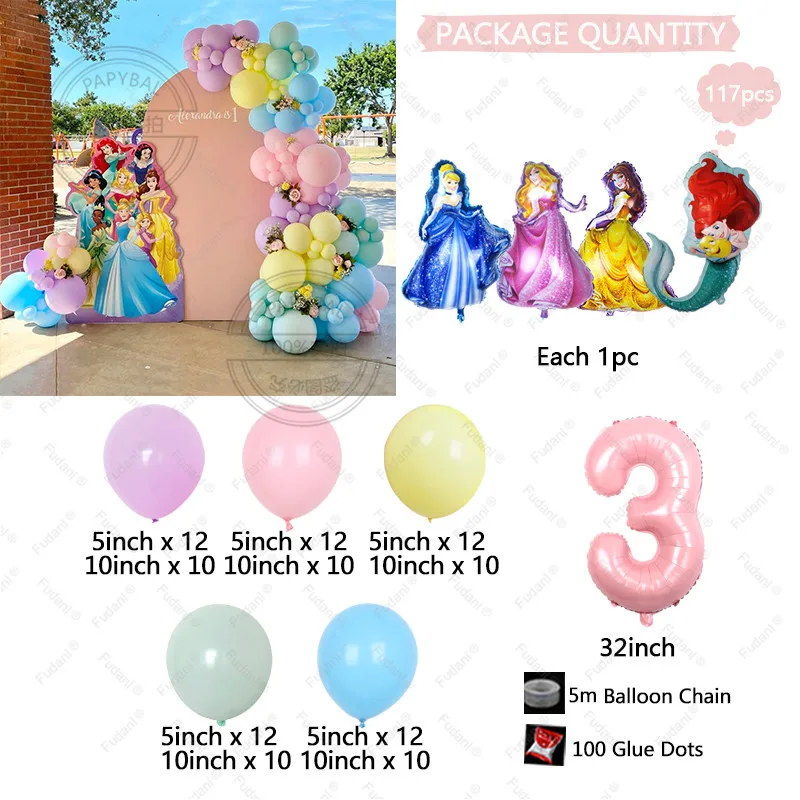 117pcs Maca 5/10inch Latex Balloons Arch Garland Kit Princess Theme Birthday Party Decorations