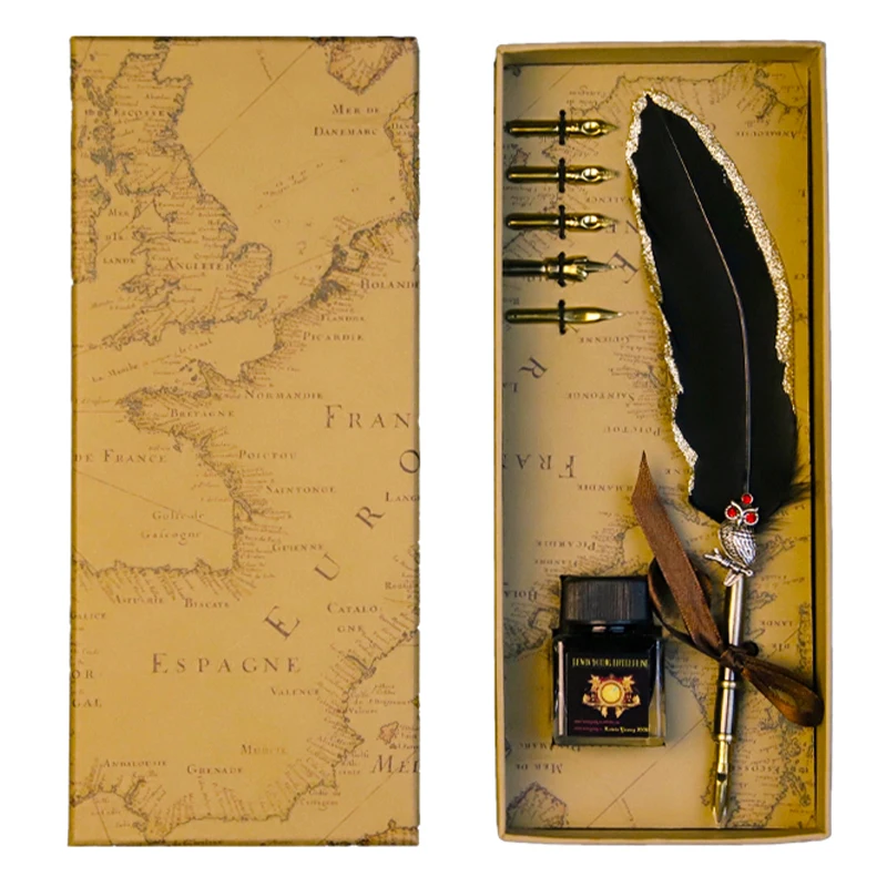 Gold Calligraphy Pen Vintage Antique Feather Pen Set