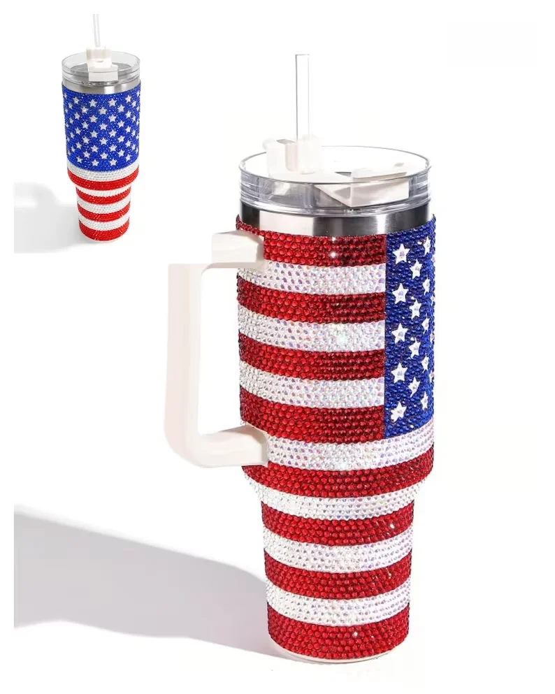 American Flag 40 OZ Bling Rhinestone Crystal Tumbler USA Glitter Gift Mugs With Handle and