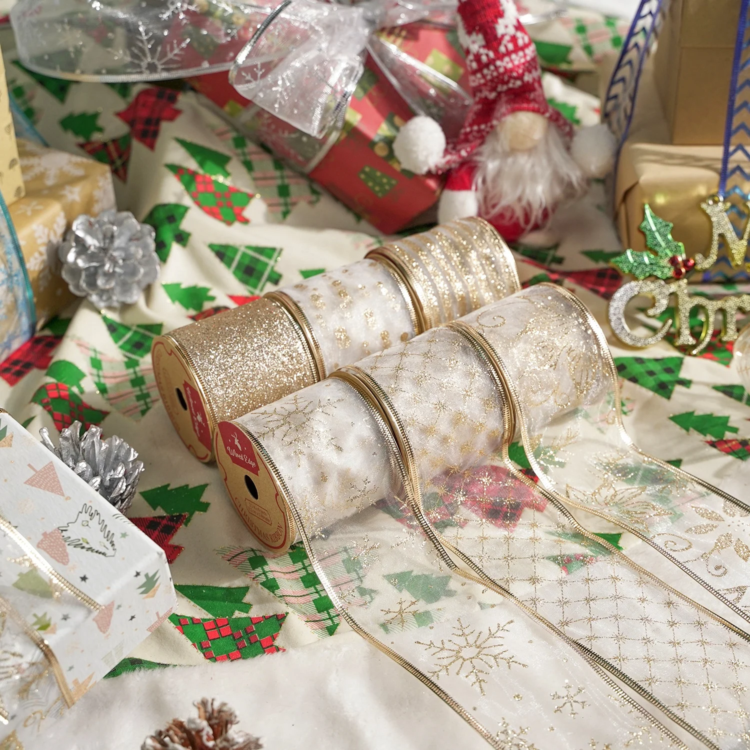 Midi Customized Luxury Glitter Ink Printed Classic Jute Burlap 2.5 Inch Wired Christmas Ribbon For Crafts